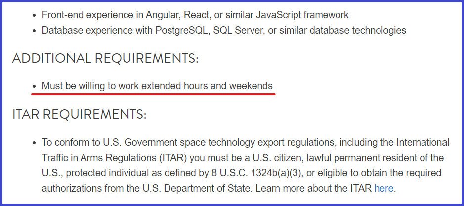 spaceX job description example mentioning long working hours and weekends