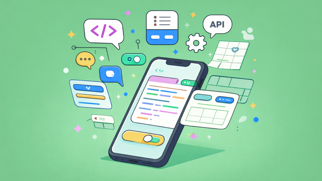 Smartphone with UI elements and code icons emerging, illustrating building a chat app with Angular and real-time features