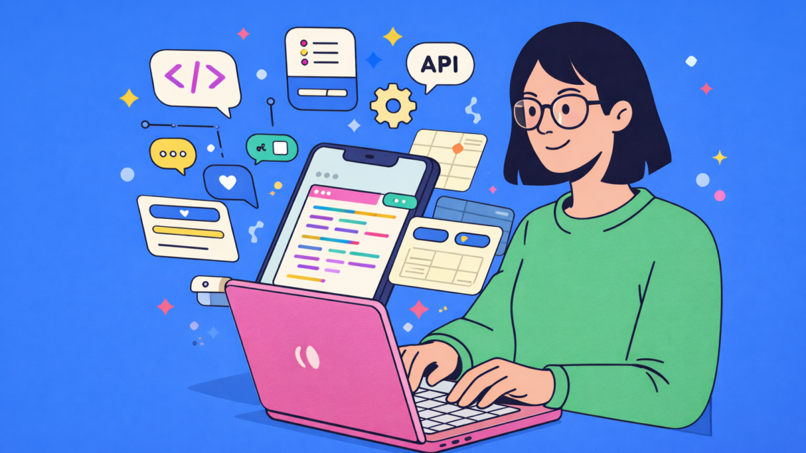 Developer working on a laptop with app components, code, and APIs, representing how to manage remote developers effectively