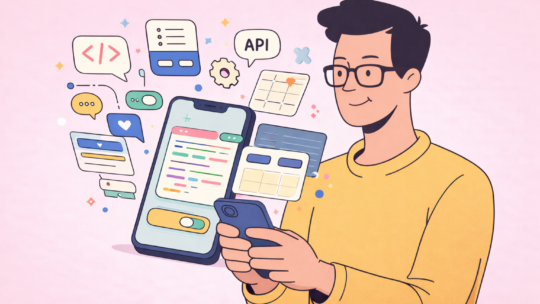 Professional using smartphone with app interfaces, code, and API elements, representing remote staffing agency hiring developers