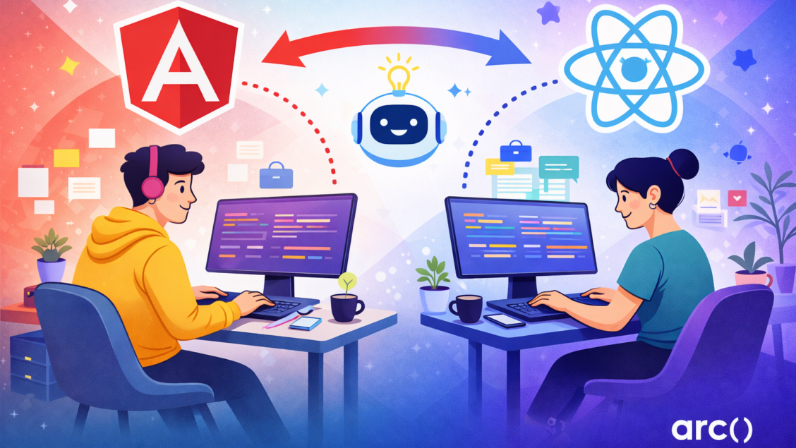 Angular vs React developers collaborating with AI assistant in modern coding environment