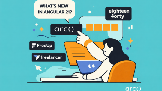 Abstract flat illustration of a developer at a desk pointing to interface elements and platforms on a screen, representing Angular interview discussions and hiring scenarios