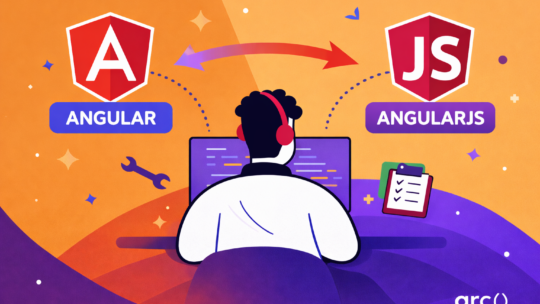 Developer migrating from AngularJS to Angular with modern coding environment and transition visuals
