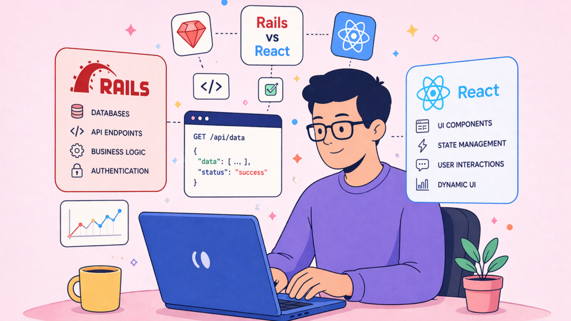 2D illustration of a developer using a laptop, surrounded by UI elements, APIs, and code icons, comparing Ruby on Rails backend with React frontend in a soft pastel style.