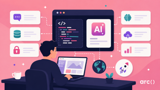 Developer building an AI-powered app in 2026 with code, UI dashboards, and deployment tools.