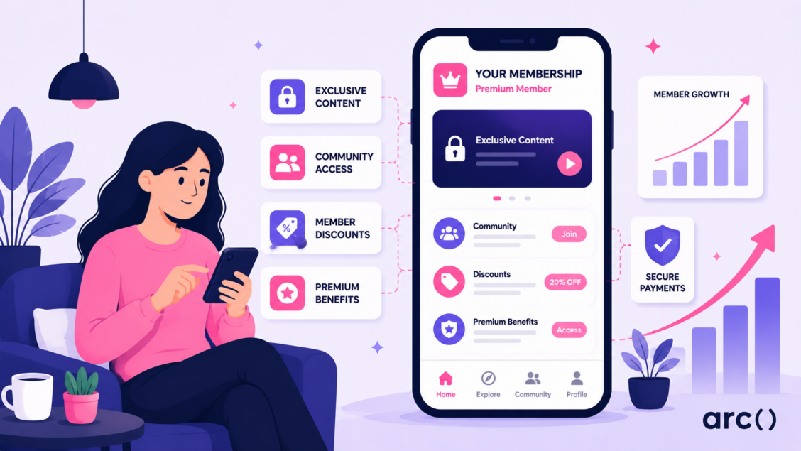 Minimal vector illustration of a woman using a smartphone beside a membership app interface showing exclusive content, community access, discounts, and retention growth in Arc. dev's clean flat design style.