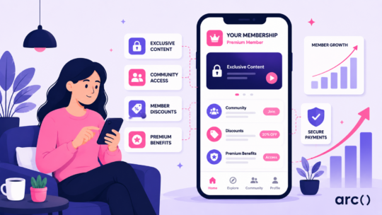 Minimal vector illustration of a woman using a smartphone beside a membership app interface showing exclusive content, community access, discounts, and retention growth in Arc. dev's clean flat design style.