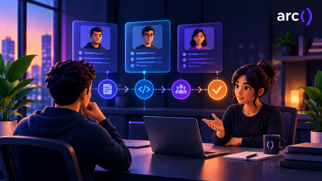 Hiring manager and engineer reviewing a trial scorecard before a full-time offer